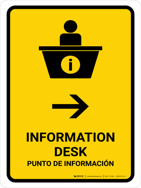 Information Desk With Right Arrow Yellow Bilingual Spanish Portrait - Wall Sign