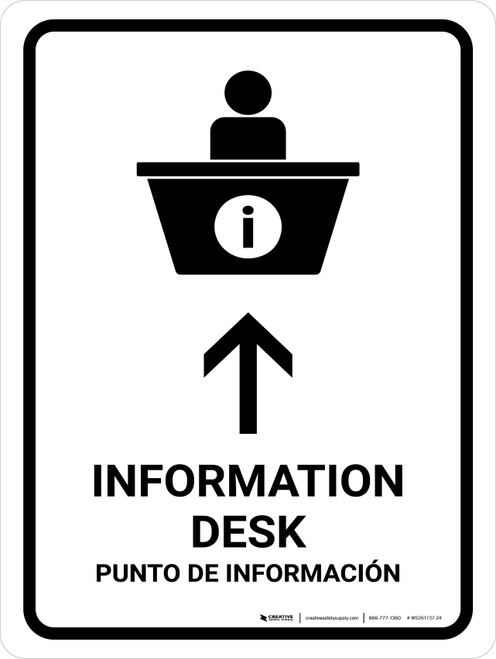 Information Desk With Up Arrow White Bilingual Spanish Portrait - Wall Sign