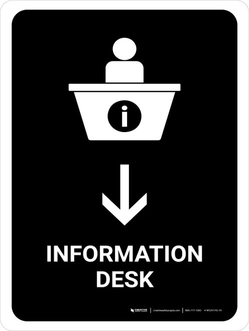 Information Desk With Down Arrow Black Portrait - Wall Sign