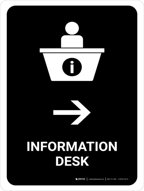 Information Desk With Right Arrow Black Portrait - Wall Sign