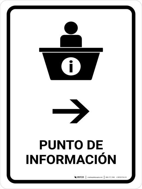 Information Desk With Right Arrow White Spanish Portrait - Wall Sign