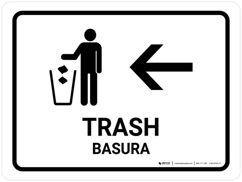 Trash With Left Arrow White Bilingual Landscape - Wall Sign