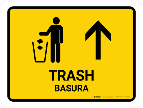 Trash With Up Arrow Yellow Bilingual Spanish Landscape - Wall Sign
