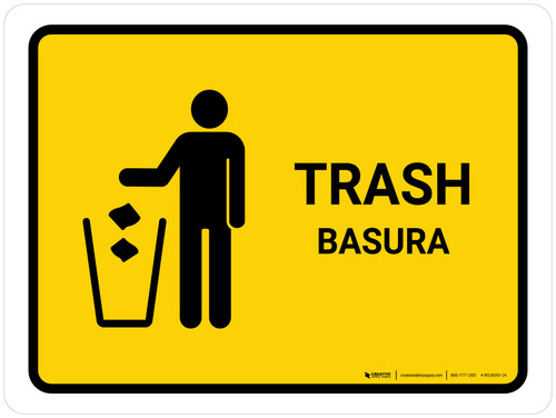 Trash Yellow Bilingual Spanish Landscape - Wall Sign