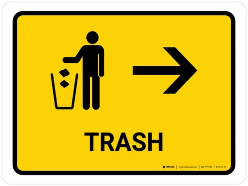 Trash With Right Arrow Yellow Landscape - Wall Sign