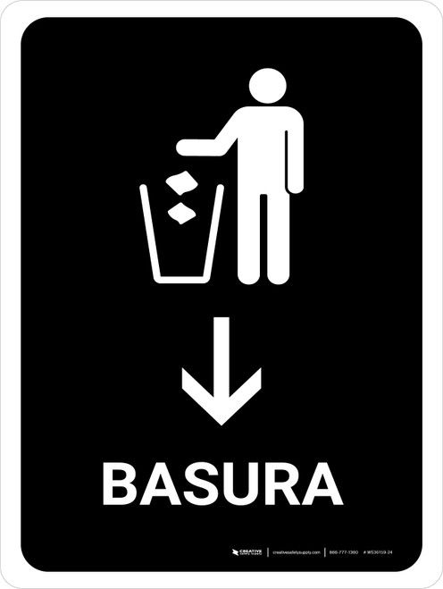 Trash With Down Arrow Black Spanish Portrait - Wall Sign