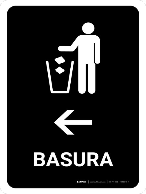 Trash With Left Arrow Black Spanish Portrait - Wall Sign