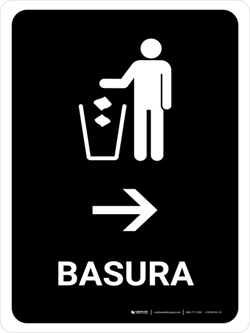 Trash With Right Arrow Black Spanish Portrait - Wall Sign