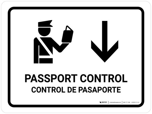 Passport Control With Down Arrow White Bilingual Spanish Landscape - Wall Sign