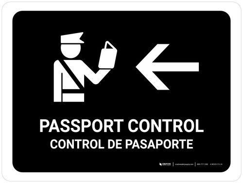 Passport Control With Left Arrow Black Bilingual Spanish Landscape - Wall Sign