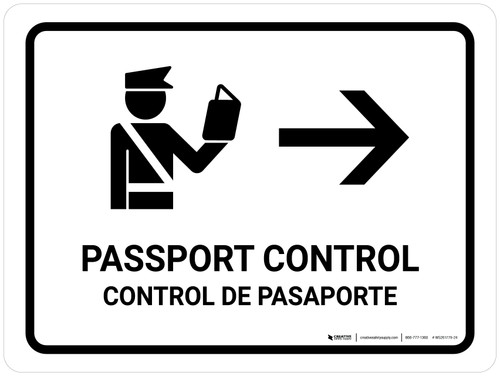 Passport Control With Right Arrow White Bilingual Spanish Landscape - Wall Sign