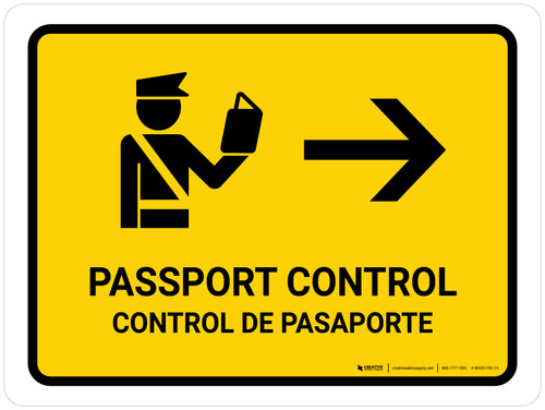 Passport Control With Right Arrow Yellow Bilingual Landscape - Wall Sign