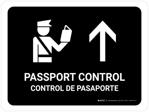 Passport Control With Up Arrow Black Bilingual Spanish Landscape - Wall Sign