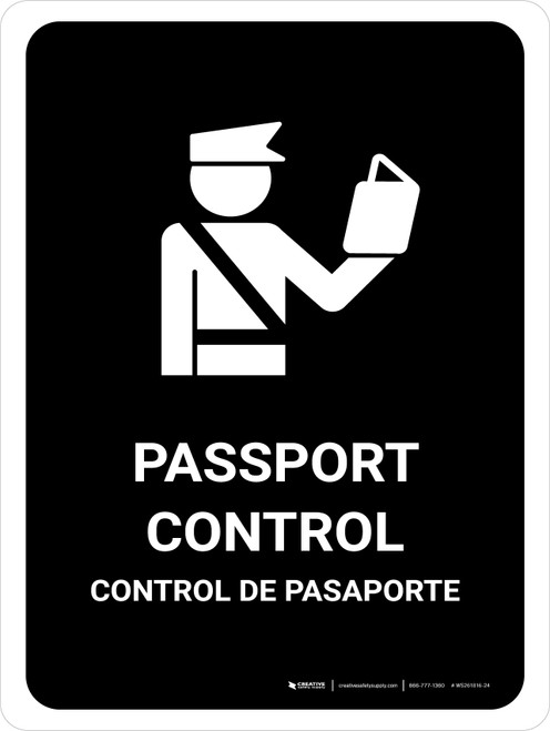 Passport Control Black Bilingual Spanish Portrait - Wall Sign