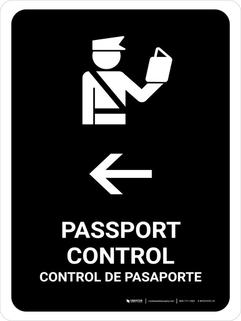 Passport Control With Left Arrow Black Bilingual Spanish Portrait - Wall Sign