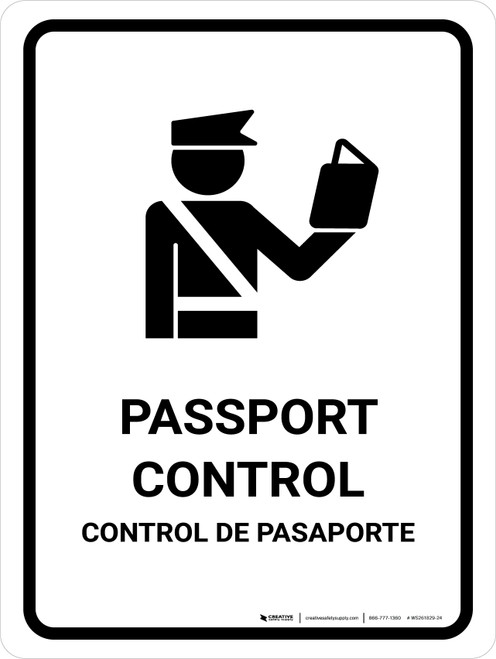Passport Control White Bilingual Spanish Portrait - Wall Sign
