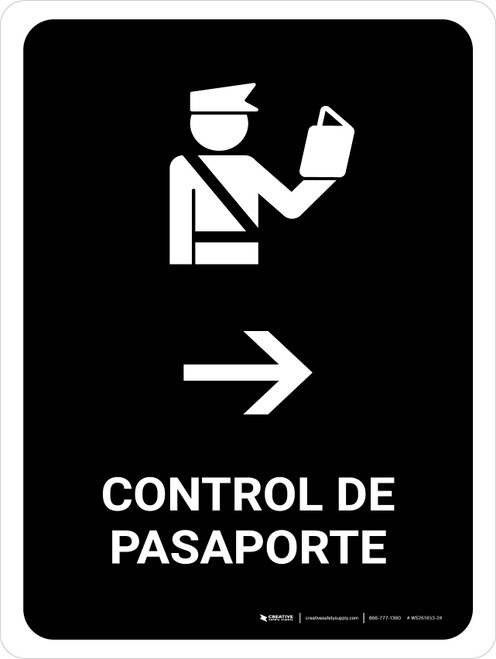 Passport Control With Right Arrow Black Spanish Portrait - Wall Sign