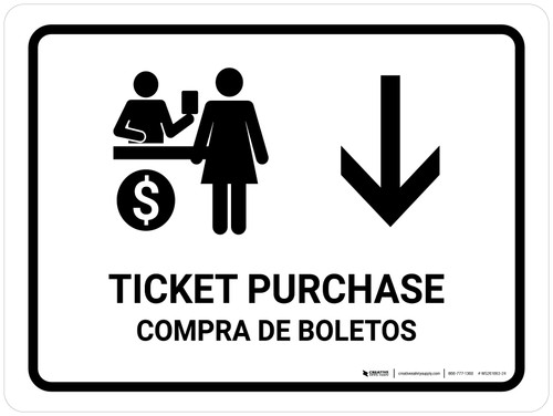 Ticket Purchase With Down Arrow White Bilingual Spanish Landscape - Wall Sign