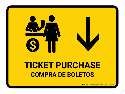 Ticket Purchase With Down Arrow Yellow Bilingual Spanish Landscape - Wall Sign