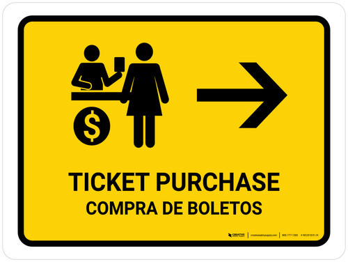 Ticket Purchase With Right Arrow Yellow Bilingual Spanish Landscape - Wall Sign