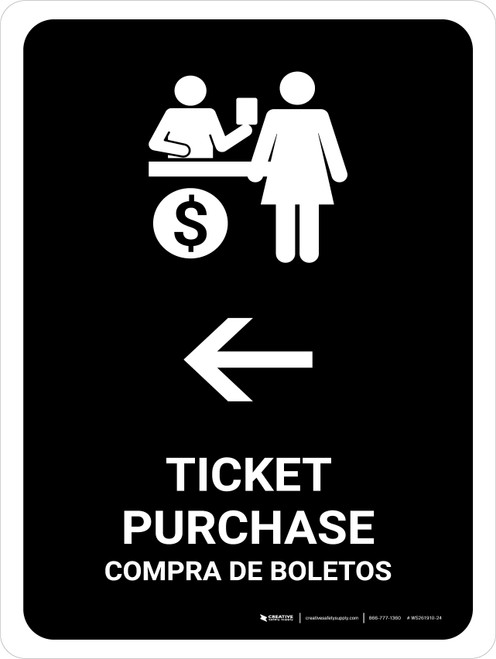 Ticket Purchase With Left Arrow Black Bilingual Portrait - Wall Sign