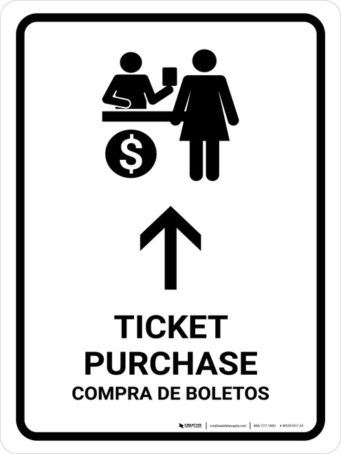 Ticket Purchase With Up Arrow White Bilingual Spanish Portrait - Wall Sign