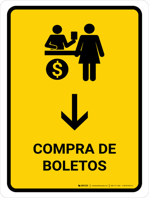 Ticket Purchase With Down Arrow Yellow Spanish Portrait - Wall Sign