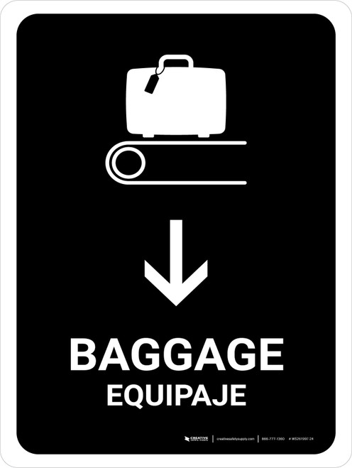 Baggage With Down Arrow Black Bilingual Spanish Portrait - Wall Sign