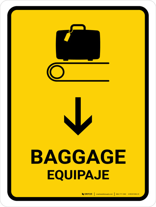 Baggage With Down Arrow Yellow Bilingual Portrait - Wall Sign