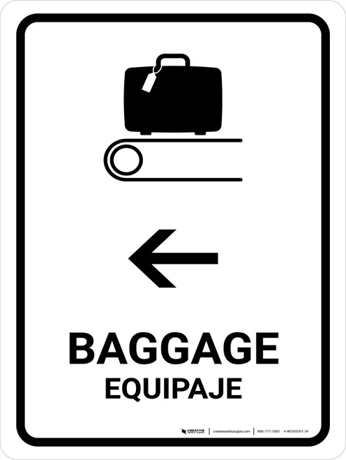 Baggage With Left Arrow White Bilingual Spanish Portrait - Wall Sign