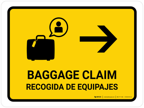 Baggage Claim With Right Arrow Yellow Bilingual Landscape - Wall Sign