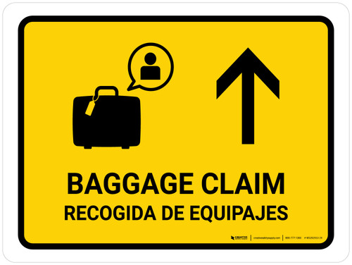 Baggage Claim With Up Arrow Yellow Bilingual Spanish Landscape - Wall Sign