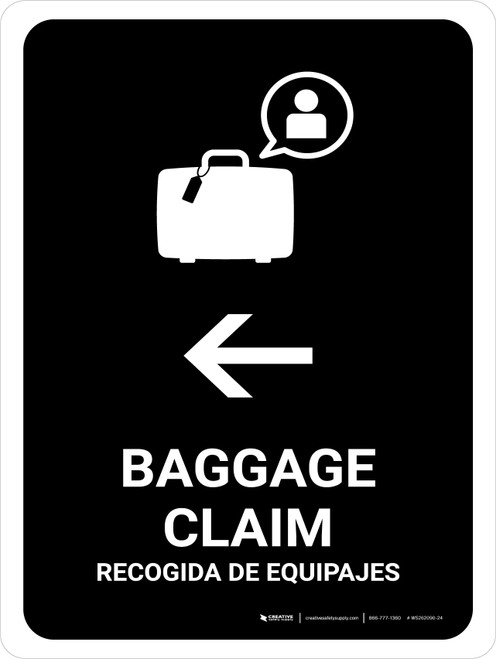 Baggage Claim With Left Arrow Black Bilingual Spanish Portrait - Wall Sign