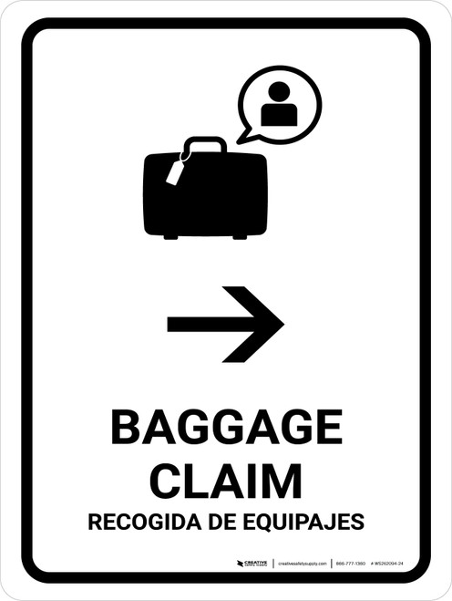 Baggage Claim With Right Arrow White Bilingual Spanish Portrait - Wall Sign