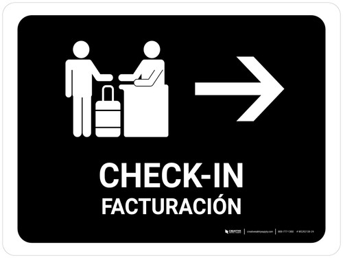 Check In With Right Arrow Black Bilingual Spanish Landscape - Wall Sign