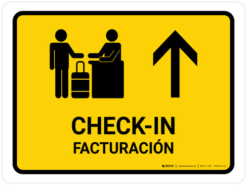 Check In With Up Arrow Yellow Bilingual Spanish Landscape - Wall Sign