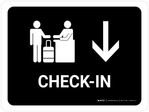 Check In With Down Arrow Black Landscape - Wall Sign