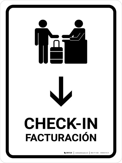 Check-In With Down Arrow White Bilingual Spanish Portrait - Wall Sign