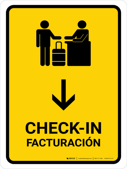 Check-In With Down Arrow Yellow Bilingual Spanish Portrait - Wall Sign