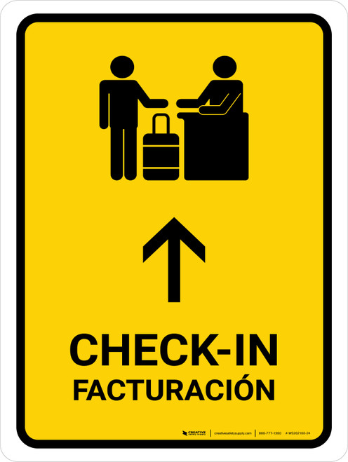 Check-In With Up Arrow Yellow Bilingual Spanish Portrait - Wall Sign