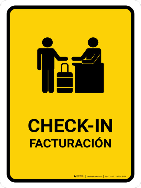 Check-In Yellow Bilingual Spanish Portrait - Wall Sign
