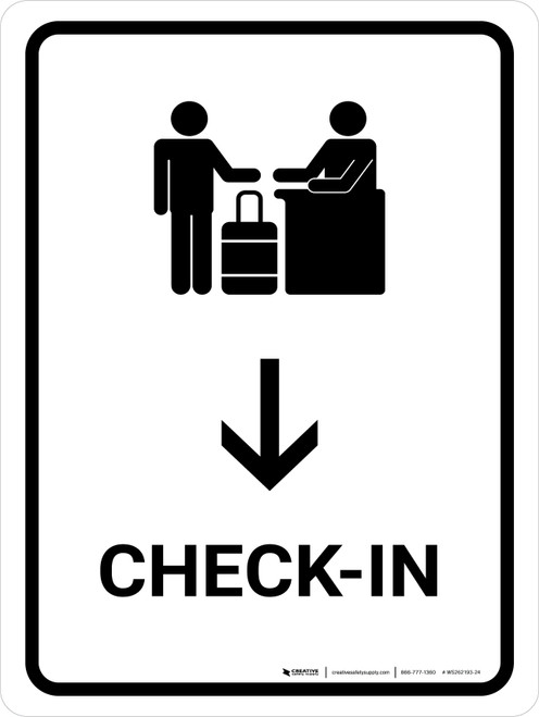 Check-In With Down Arrow White Portrait - Wall Sign