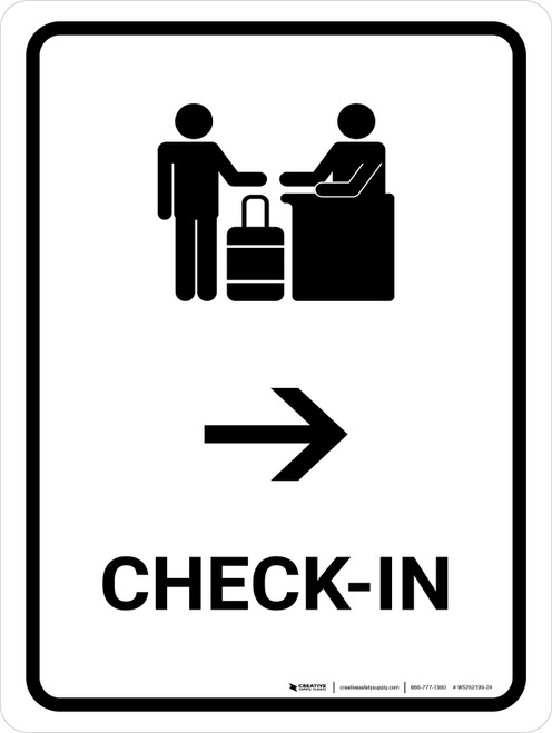 Check-In With Right Arrow White Portrait - Wall Sign