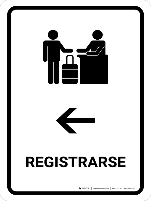 Check-In With Left Arrow White Spanish Portrait - Wall Sign