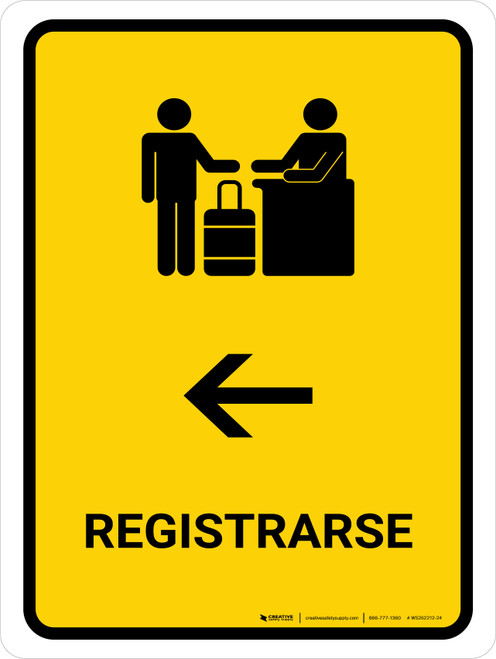 Check-In With Left Arrow Yellow Spanish Portrait - Wall Sign