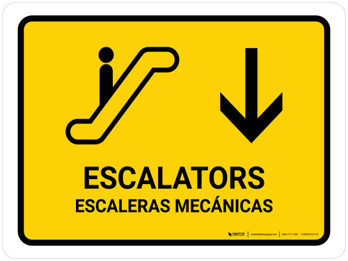 Escalators With Down Arrow Yellow Bilingual Spanish Landscape - Wall Sign