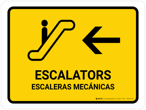 Escalators With Left Arrow Yellow Bilingual Spanish Landscape - Wall Sign