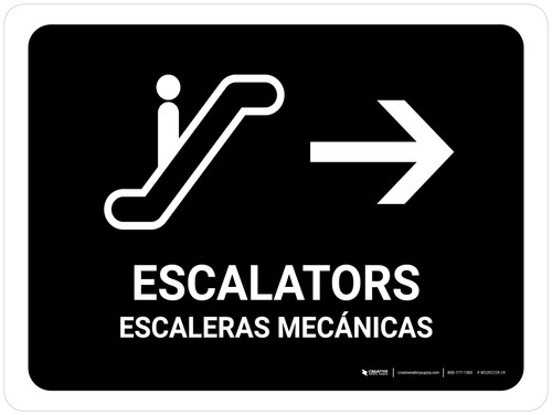Escalators With Right Arrow Black Bilingual Spanish Landscape - Wall Sign