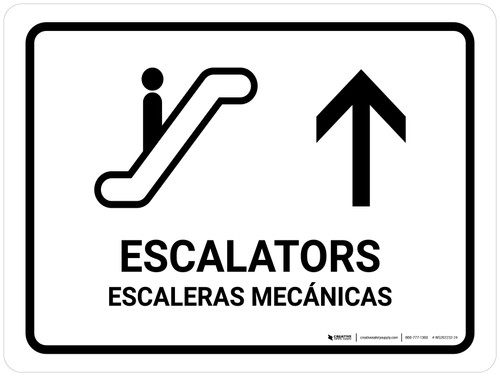Escalators With Up Arrow White Bilingual Spanish Landscape - Wall Sign