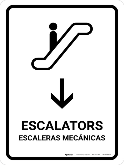 Escalators With Down Arrow White Bilingual Spanish Portrait - Wall Sign